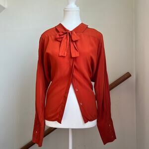 Vintage Orange 100% Silk Bow Tie Peter Pan Collar‎ Secretary Blouse Top